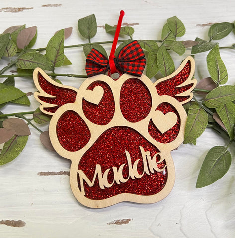 WOOD - Red memorial PAW pet custom layered ornament with wood and acrylic