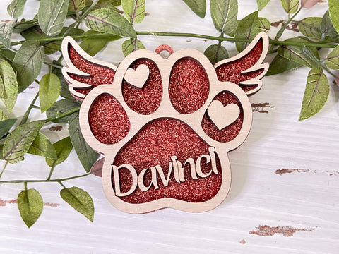 WOOD -  Pink memorial PAW pet custom layered ornament with wood and acrylic