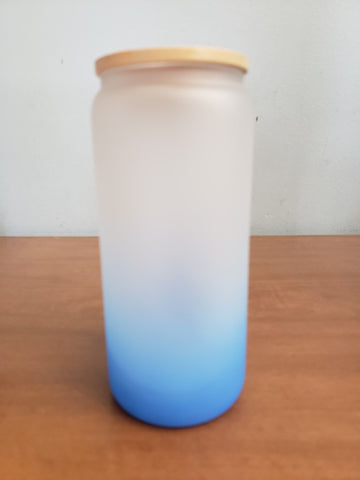 Blue Frosted glass 20oz cups with bambo lid and plastic straw