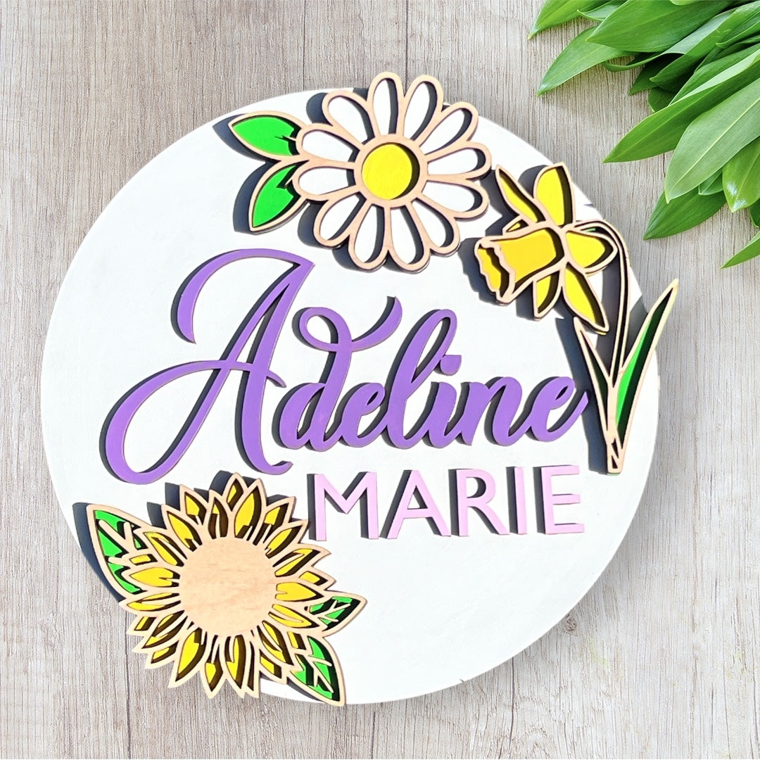 Floral with name unfinished Wood Round DIY Kit