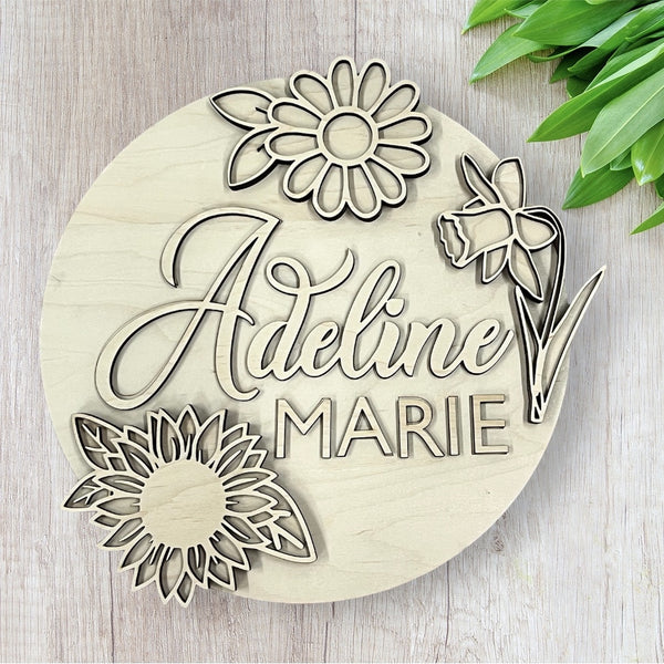 Floral with name unfinished Wood Round DIY Kit