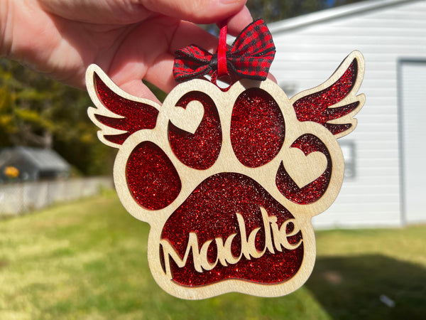 WOOD - Red memorial PAW pet custom layered ornament with wood and acrylic