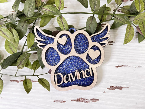 WOOD - Blue memorial PAW pet custom layered ornament with wood and acrylic
