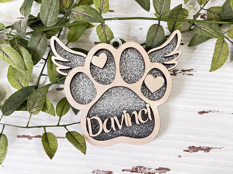 WOOD - Silver memorial PAW pet custom layered ornament with wood and acrylic