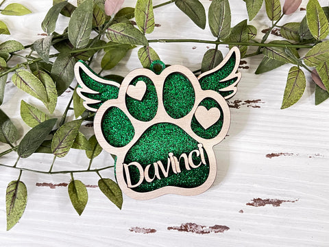 WOOD -  Green memorial PAW pet custom layered ornament with wood and acrylic
