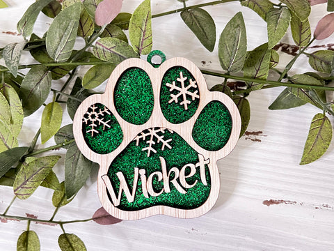 WOOD - Green PAW pet custom layered ornament with wood and acrylic