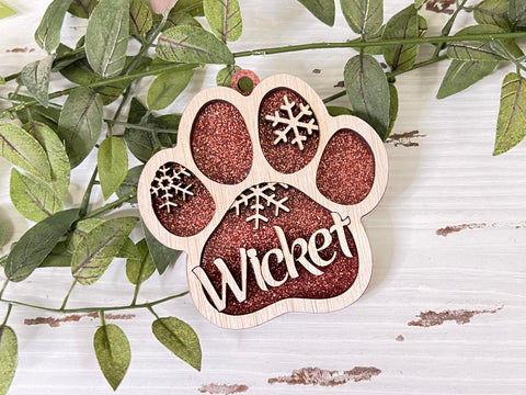 WOOD - Pink PAW pet custom layered ornament with wood and acrylic