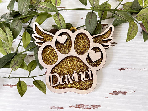 WOOD - Gold memorial PAW pet custom layered ornament with wood and acrylic