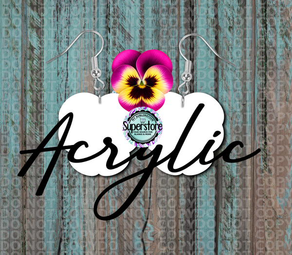 Clear Acrylic Pansy Flower  -  Earrings -  5 & 10 pairs 1.5 & 2 inch size - Sublimation Acrylic