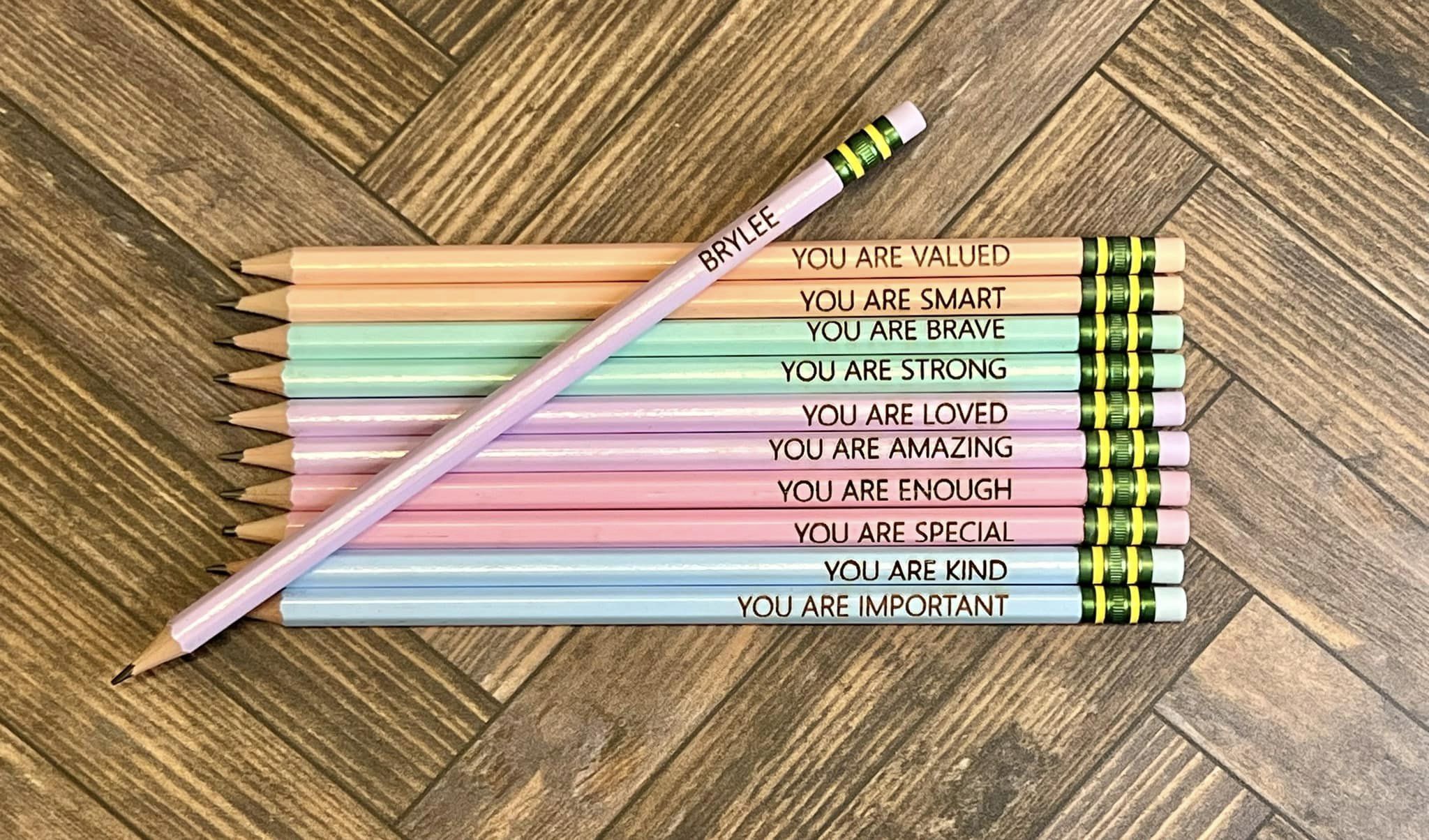 Laser engraved 10 Pencils - motivational - pastel
