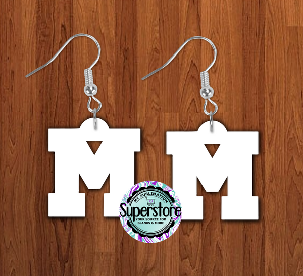 Varsity letter M earrings size 1.5 inch or 2 inch MDF - BULK PURCHASE 10pair