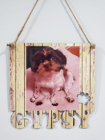 Your Dogs NAME on the bottom of the frame hanging with holes - 3 different sizes use drop down bar -  Sublimation Blank MDF Single Sided