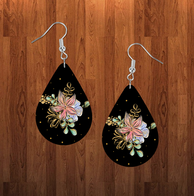 (Instant Print) Digital Download - Floral and  black  tear drop earring - Made for our sublimation blanks