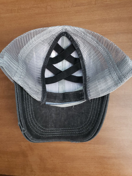 Grey - black criss cross ponytail hat