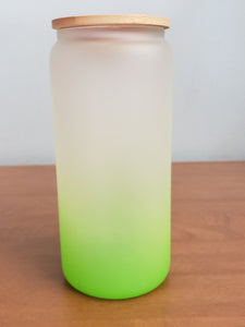 Green Frosted glass 20oz cups with bambo lid and plastic straw