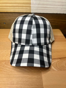 Black plaid criss cross ponytail hat