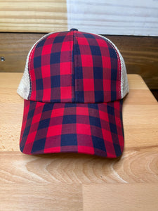 Red plaid criss cross ponytail hat