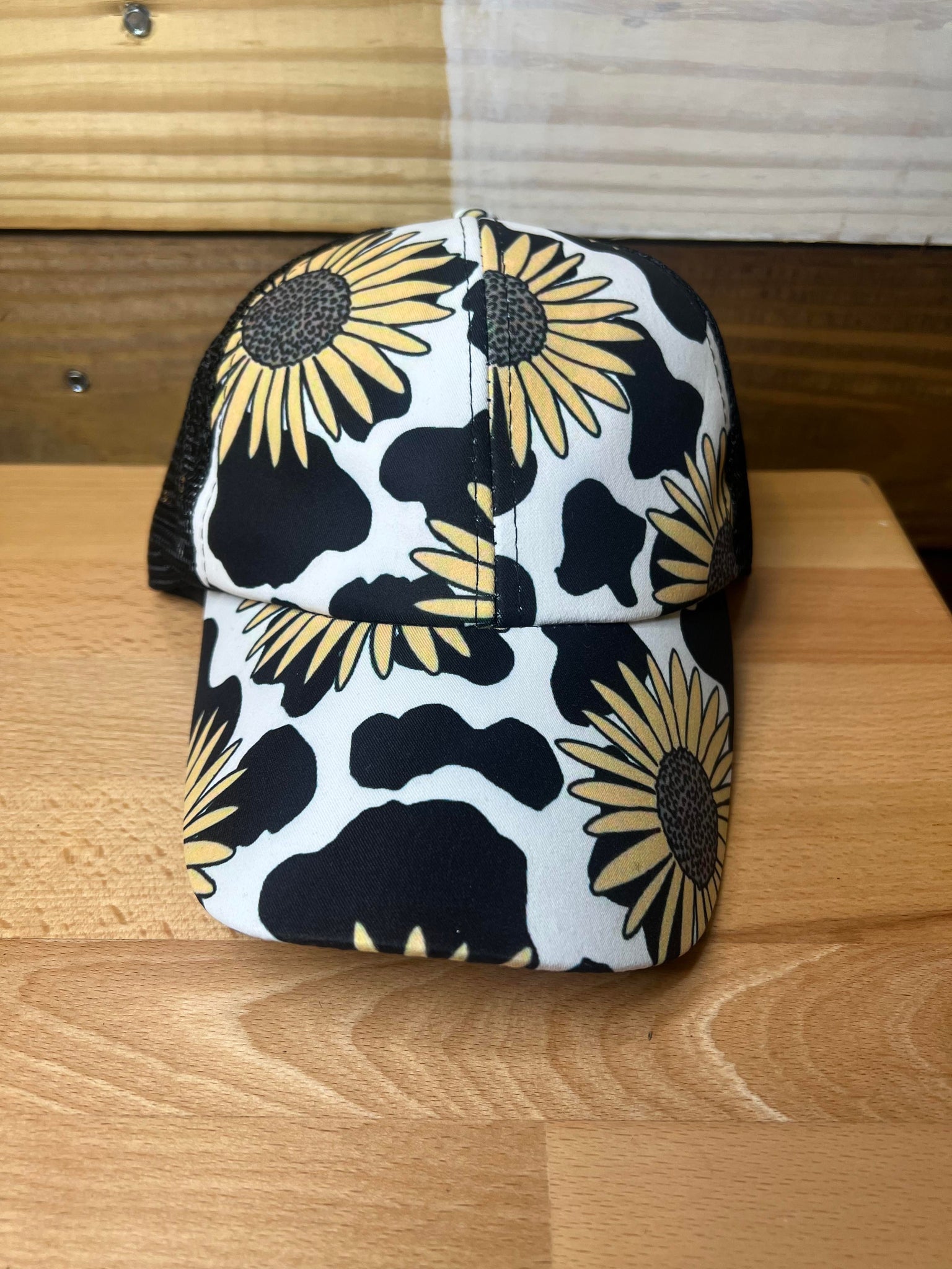 Cow sunflower criss cross ponytail hat
