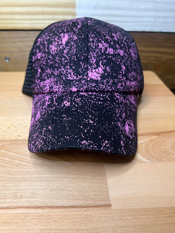 Pink splatter black criss cross ponytail hat