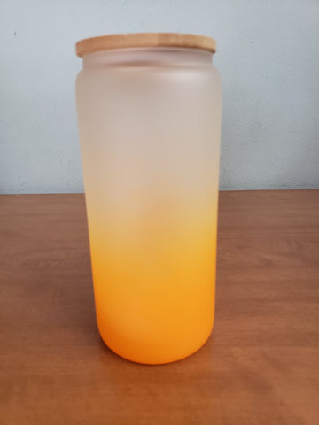 Orange Frosted glass 20oz cups with bambo lid and plastic straw