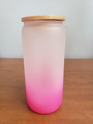 Pink Frosted glass 20oz cups with bambo lid and plastic straw