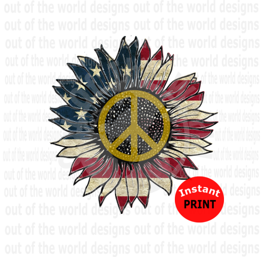 (Instant Print) Digital Download - Sunflower American Flag Peace Sign Design